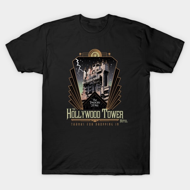 Twilight Zone Tower of Terror Hollywood Tower Hotel (Front Side) Shirt Design T-Shirt by Blake Dumesnil Designs